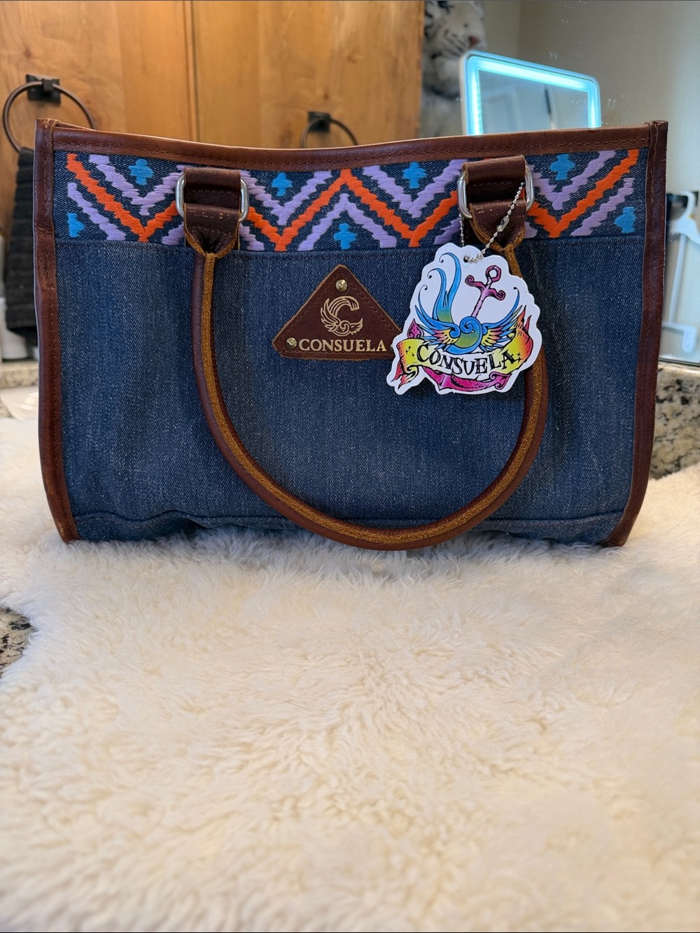 Consuela Denim Tote with Southwestern Accent - Blue/Brown/Purple